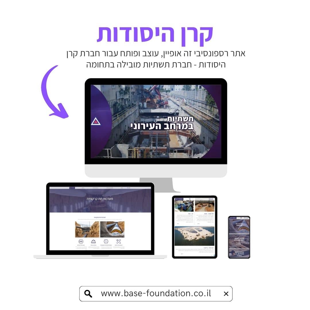 אתר קרן הקרן בעברית מוצג על גבי מספר מסכים שונים